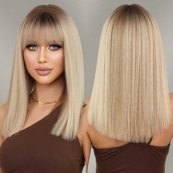 Halloween Hot Sale Blonde Wigs Bangs Medium Length Straight Wigs For Women Soft